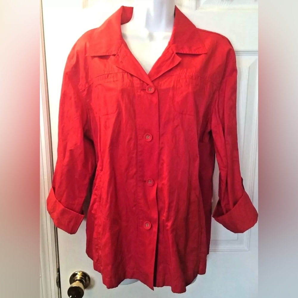 CHICO’S Red Jacket Coat Metallic Shimmer Convertible Sleeves Pockets Classic